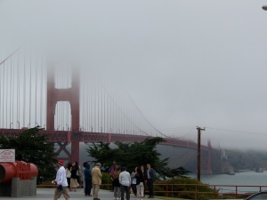 Golden Gate Bridge in morning fog
